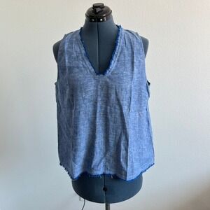 Vince Camuto Blue Linen Blend Fringe V-Neck Tank Top M Coastal Beach Boho Summer